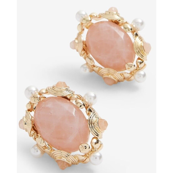 Express Pearl Embellished Stone Oval Stud Earrings Pink White Gold - Picture 2 of 9